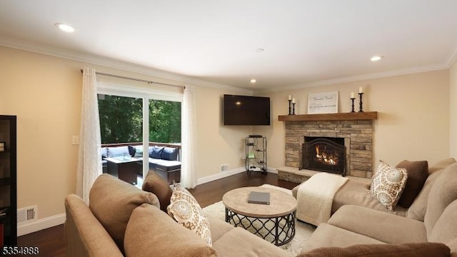 3 Grant St, Cranford Twp, NJ 07016 - living area featuring baseboards, dark wood finished floors, ornamental molding, a fireplace, and recessed lighting