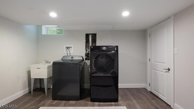 3 Grant St, Cranford Twp, NJ 07016 - laundry room featuring separate washer and dryer, wood finished floors, baseboards, and recessed lighting