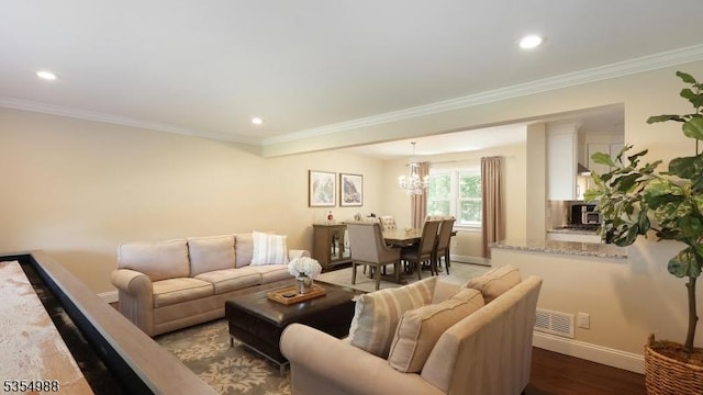 3 Grant St, Cranford Twp, NJ 07016 - living room featuring recessed lighting, a chandelier, baseboards, dark wood-style floors, and ornamental molding