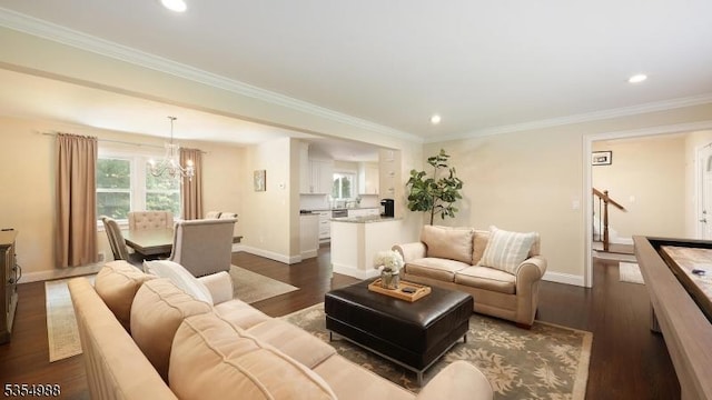 3 Grant St, Cranford Twp, NJ 07016 - living area featuring a chandelier, dark wood-style floors, recessed lighting, baseboards, and ornamental molding