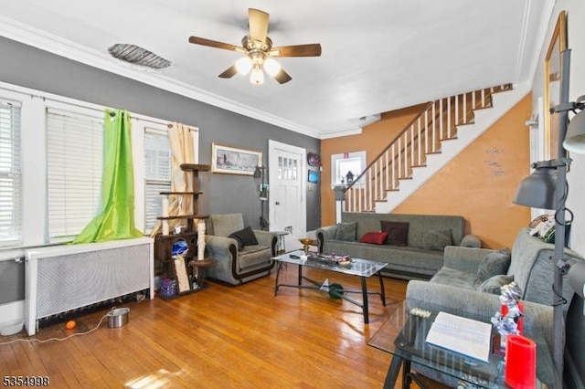 living area featuring crown molding, radiator, ceiling fan, and stairway