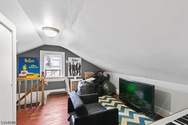 additional living space featuring baseboards, vaulted ceiling, and hardwood / wood-style floors
