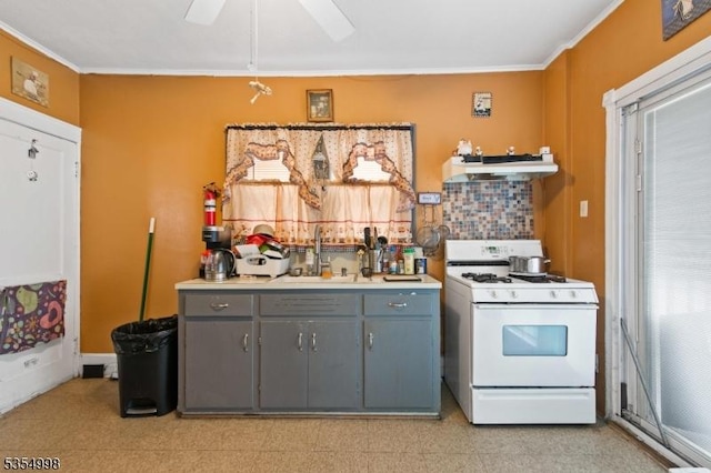 kitchen featuring gray cabinets, gas range gas stove, a sink, ventilation hood, and ornamental molding