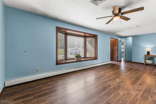 unfurnished living room featuring a baseboard heating unit, wood finished floors, a ceiling fan, and baseboards
