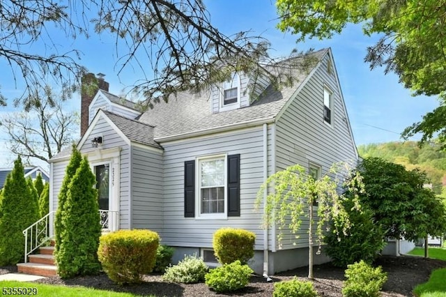view of side of home featuring a shingled roof and a chimney