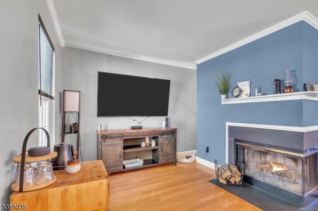 living area featuring crown molding, baseboards, a multi sided fireplace, and wood finished floors