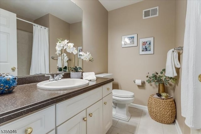 full bath with tile patterned flooring, vanity, toilet, baseboards, and visible vents