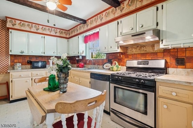 2 Woods End Rd, Parsippany-Troy Hills Twp, NJ 07950 - kitchen with appliances with stainless steel finishes, a sink, light countertops, light floors, and under cabinet range hood