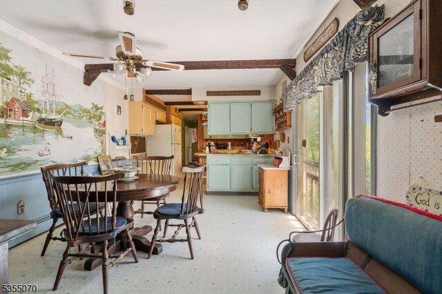 2 Woods End Rd, Parsippany-Troy Hills Twp, NJ 07950 - dining room with beamed ceiling, ceiling fan, wallpapered walls, and light floors