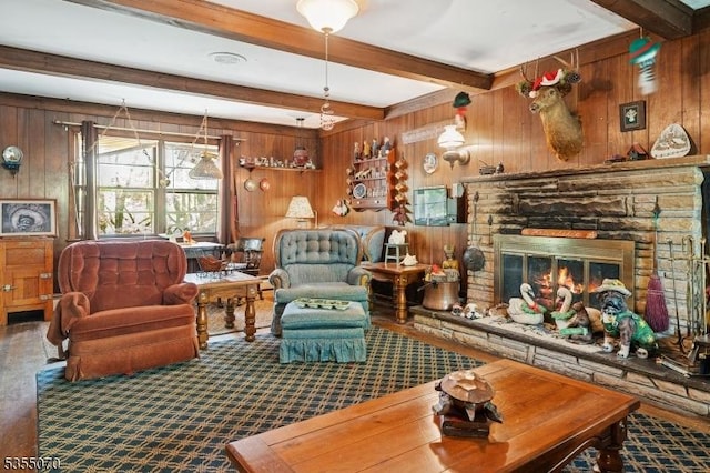 2 Woods End Rd, Parsippany-Troy Hills Twp, NJ 07950 - living area featuring wooden walls, carpet floors, a fireplace, and beam ceiling