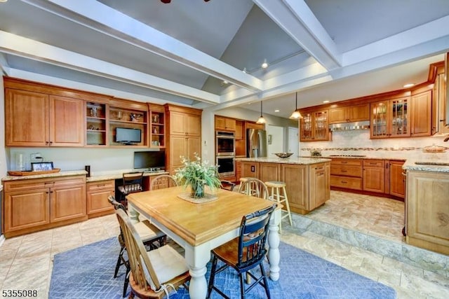 dining area with stone finish floor, vaulted ceiling with beams, and recessed lighting