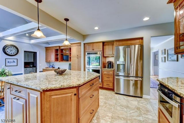 kitchen featuring light stone countertops, appliances with stainless steel finishes, a center island, decorative light fixtures, and beamed ceiling