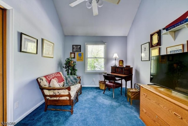 sitting room with a ceiling fan, baseboards, carpet, and lofted ceiling