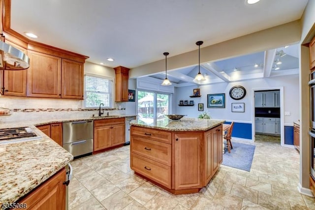 kitchen featuring a sink, gas stovetop, tasteful backsplash, stainless steel dishwasher, and beamed ceiling