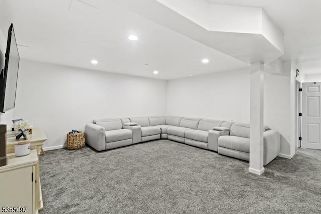 living area featuring baseboards, carpet, and recessed lighting