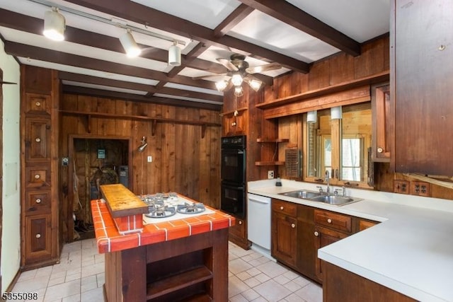 22 Pine Hill Rd, Delaware Twp, NJ 08559 - kitchen featuring a sink, open shelves, ceiling fan, white appliances, and wooden walls