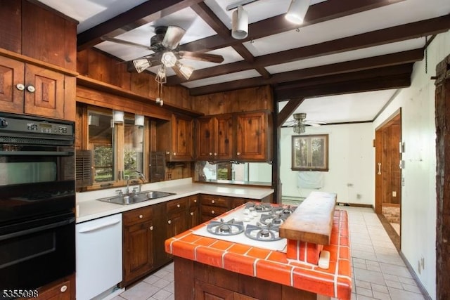 22 Pine Hill Rd, Delaware Twp, NJ 08559 - kitchen featuring a ceiling fan, light tile patterned floors, white appliances, a sink, and beam ceiling