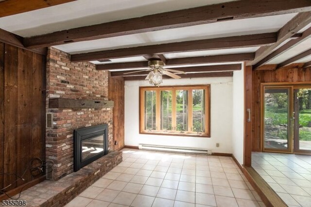22 Pine Hill Rd, Delaware Twp, NJ 08559 - unfurnished living room featuring a baseboard radiator, light tile patterned floors, ceiling fan, wooden walls, and beamed ceiling