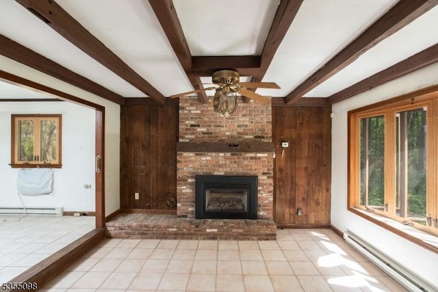 22 Pine Hill Rd, Delaware Twp, NJ 08559 - unfurnished living room with a baseboard heating unit, beamed ceiling, ceiling fan, wood walls, and light tile patterned flooring