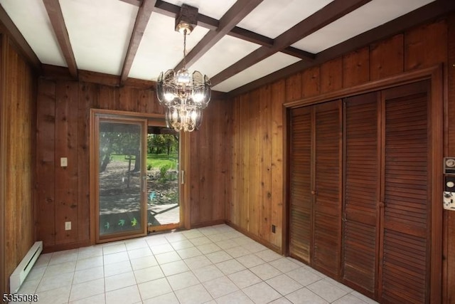 22 Pine Hill Rd, Delaware Twp, NJ 08559 - unfurnished dining area with a baseboard heating unit, beamed ceiling, wooden walls, and a chandelier