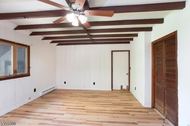 22 Pine Hill Rd, Delaware Twp, NJ 08559 - spare room with a baseboard heating unit, light wood finished floors, beamed ceiling, and a ceiling fan