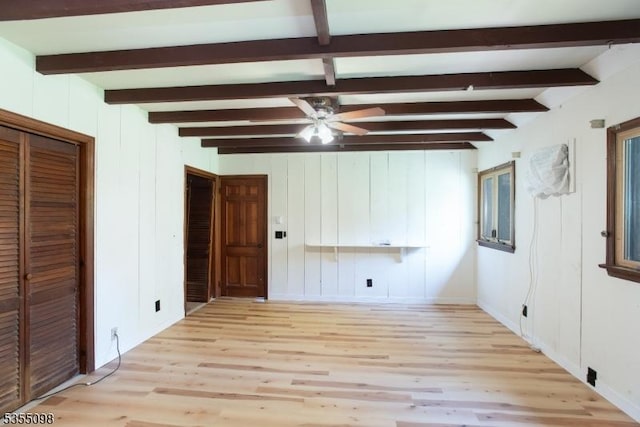 22 Pine Hill Rd, Delaware Twp, NJ 08559 - interior space featuring a ceiling fan, beamed ceiling, and light wood-style flooring