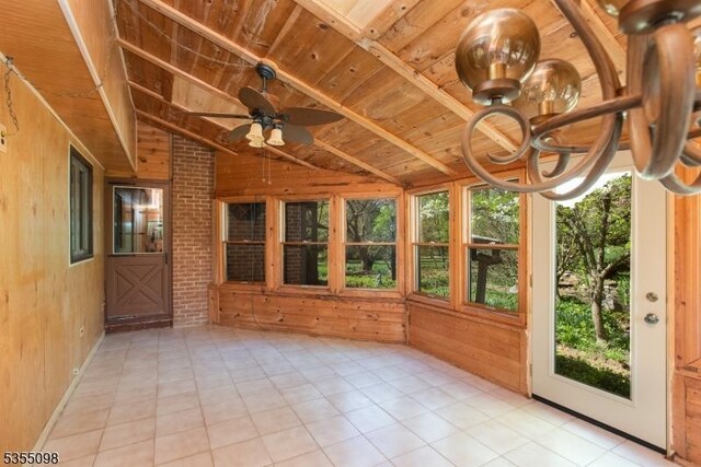 22 Pine Hill Rd, Delaware Twp, NJ 08559 - unfurnished sunroom featuring wooden ceiling, wooden walls, a notable chandelier, and vaulted ceiling with beams