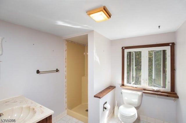 22 Pine Hill Rd, Delaware Twp, NJ 08559 - bathroom with baseboards, toilet, a shower stall, tile patterned floors, and vanity