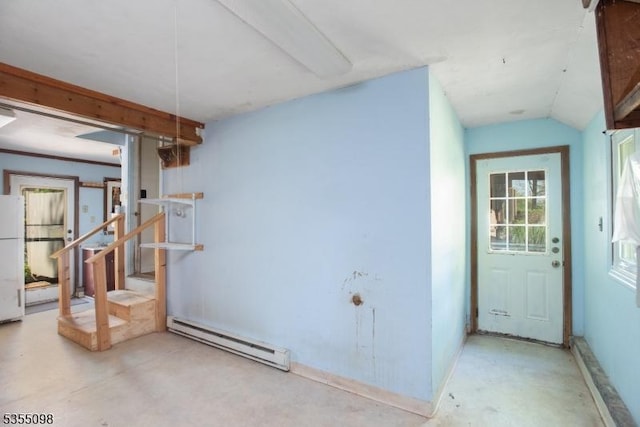 22 Pine Hill Rd, Delaware Twp, NJ 08559 - below grade area with freestanding refrigerator, baseboards, and a baseboard heating unit
