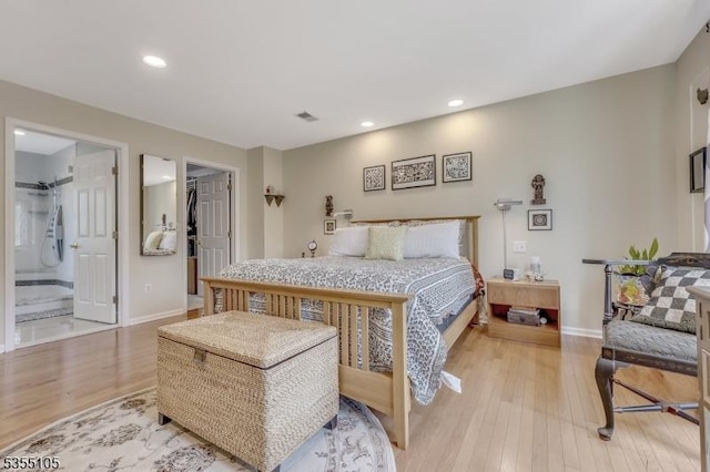 bedroom featuring visible vents, recessed lighting, light wood-style floors, and baseboards