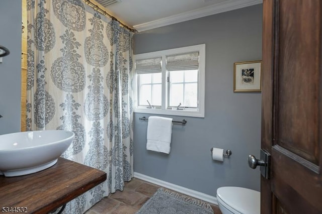1251 Rahway Rd, Scotch Plains Twp, NJ 07076 - full bathroom featuring ornamental molding, toilet, baseboards, a sink, and stone finish flooring