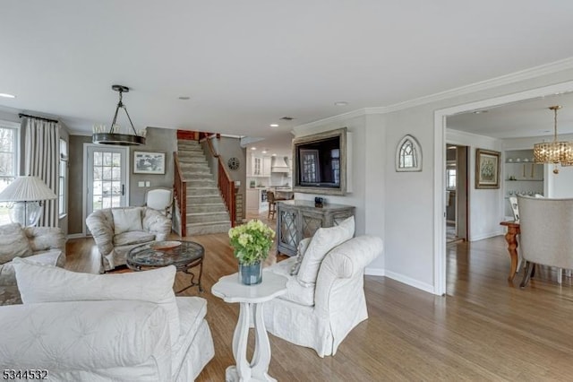 1251 Rahway Rd, Scotch Plains Twp, NJ 07076 - living room with baseboards, ornamental molding, stairs, and wood finished floors