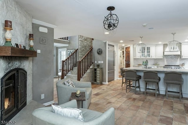 1251 Rahway Rd, Scotch Plains Twp, NJ 07076 - living room featuring stairway, a fireplace, and recessed lighting