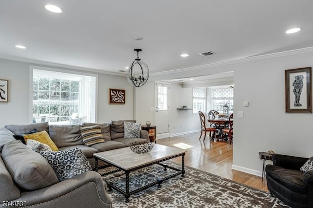 1251 Rahway Rd, Scotch Plains Twp, NJ 07076 - living room featuring crown molding, visible vents, recessed lighting, and a chandelier