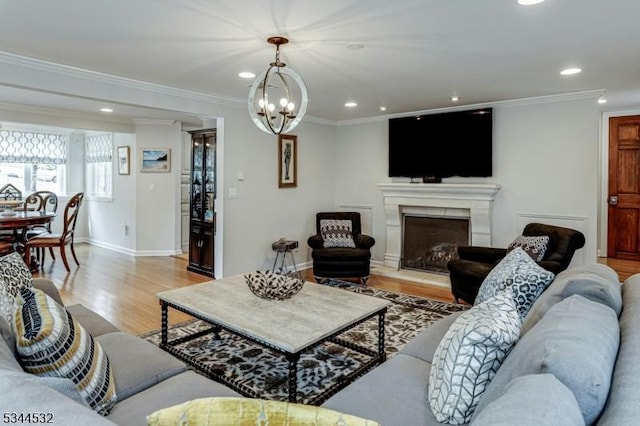 1251 Rahway Rd, Scotch Plains Twp, NJ 07076 - living area featuring recessed lighting, ornamental molding, light wood-style flooring, and a chandelier