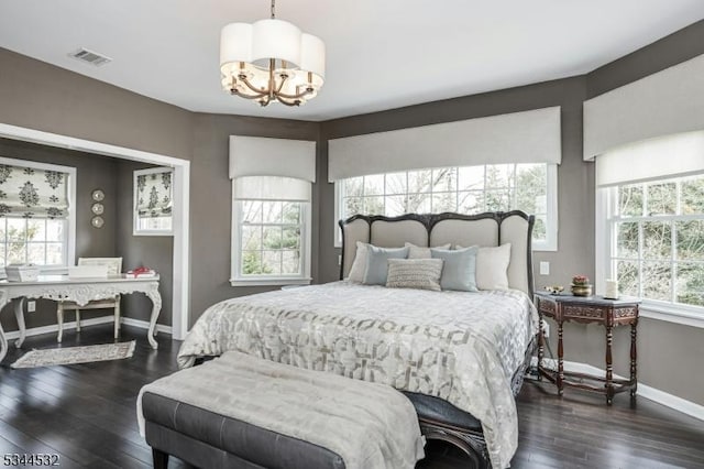 1251 Rahway Rd, Scotch Plains Twp, NJ 07076 - bedroom featuring baseboards, a notable chandelier, dark wood finished floors, and visible vents