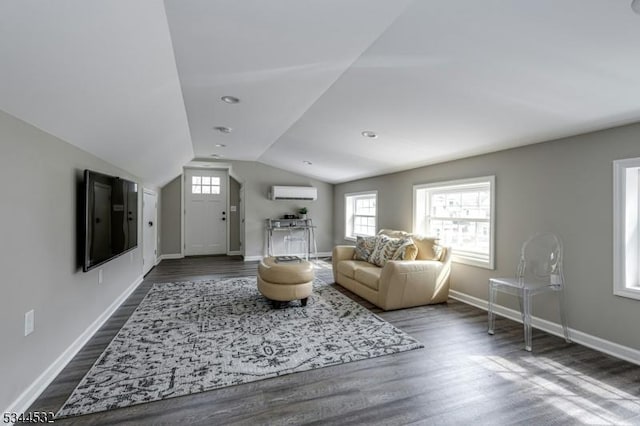 1251 Rahway Rd, Scotch Plains Twp, NJ 07076 - living room featuring an AC wall unit, baseboards, lofted ceiling, and dark wood-type flooring