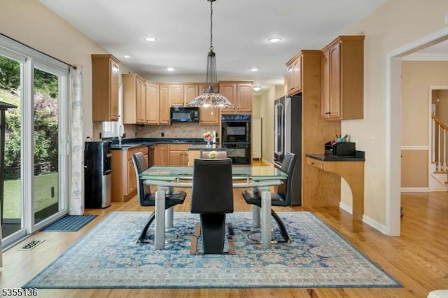 63 Twin Oaks Rd, Bridgewater Twp, NJ 08807 - dining space with stairway, light wood finished floors, baseboards, and recessed lighting