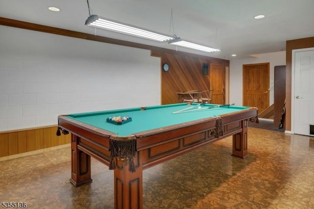 63 Twin Oaks Rd, Bridgewater Twp, NJ 08807 - recreation room with billiards, wooden walls, recessed lighting, and tile patterned floors