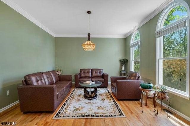 63 Twin Oaks Rd, Bridgewater Twp, NJ 08807 - living room featuring crown molding, wood finished floors, and baseboards