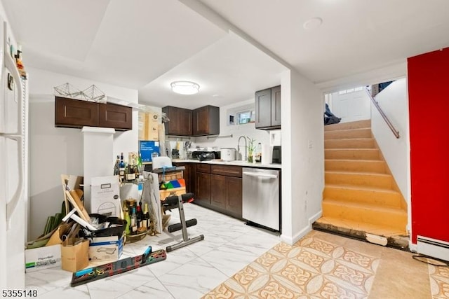kitchen featuring dark brown cabinetry, dishwasher, light countertops, a baseboard heating unit, and marble finish floor