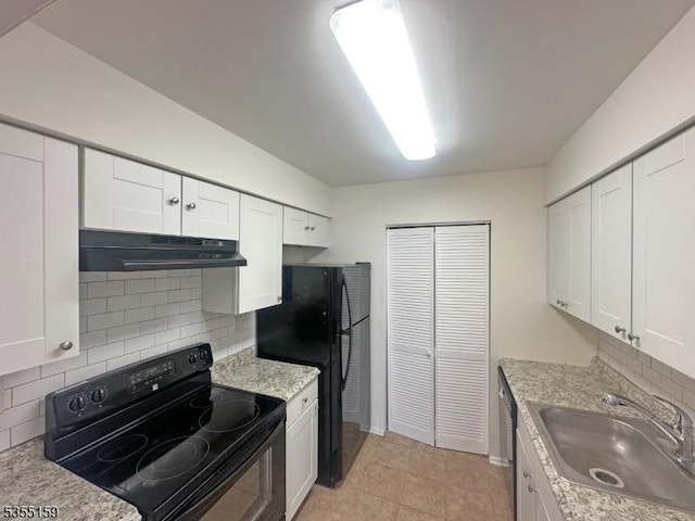 kitchen featuring backsplash, a sink, white cabinets, black appliances, and under cabinet range hood