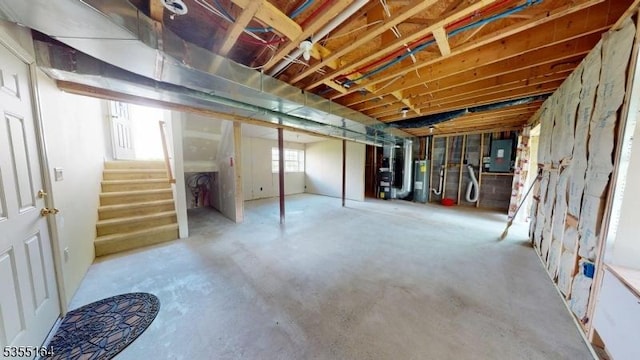103 Race Track Cir, Montague Twp, NJ 07827 - basement with electric panel, stairway, and electric water heater