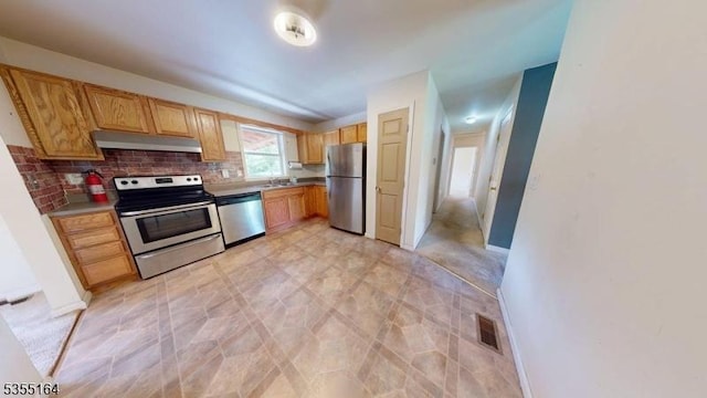 103 Race Track Cir, Montague Twp, NJ 07827 - kitchen featuring appliances with stainless steel finishes, under cabinet range hood, tasteful backsplash, baseboards, and a sink