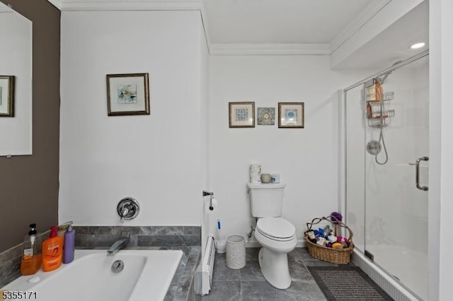 581 Montgomery Rd, Hillsborough Twp, NJ 08844 - bathroom featuring a garden tub, a shower stall, tile patterned floors, toilet, and ornamental molding