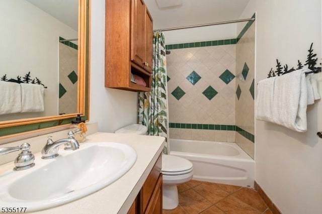 full bath with vanity, toilet, shower / bath combination with curtain, and tile patterned floors