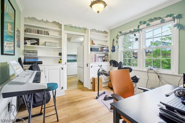 office featuring crown molding and light wood-style floors