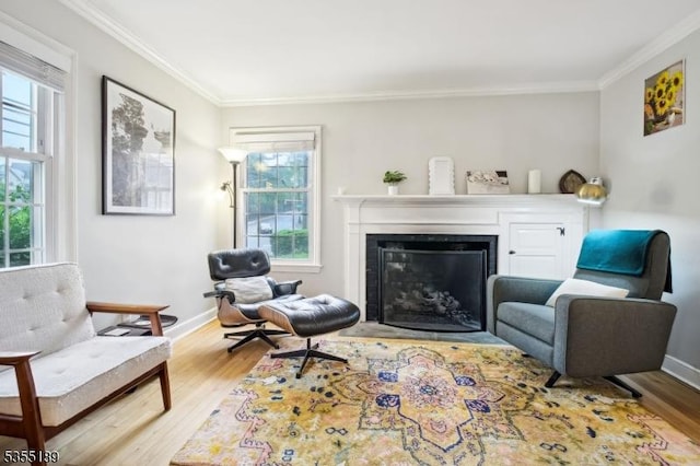 sitting room featuring ornamental molding, wood finished floors, healthy amount of natural light, and a fireplace