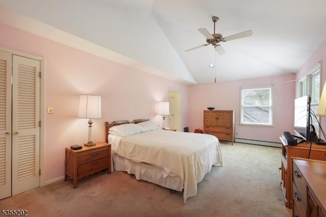 bedroom with ceiling fan, light colored carpet, baseboard heating, vaulted ceiling, and baseboards