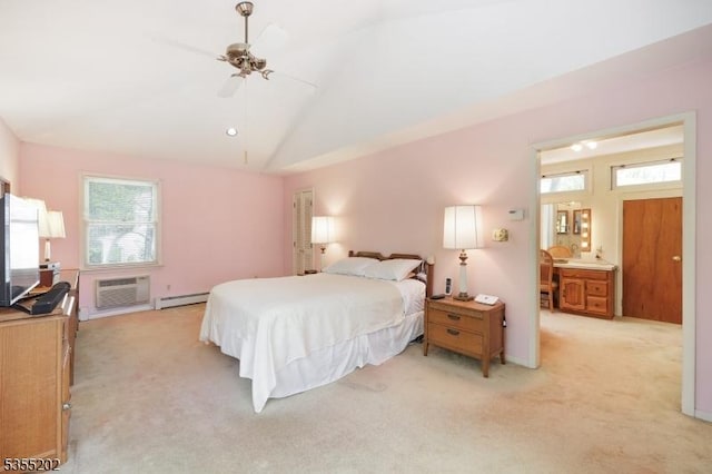 bedroom featuring ceiling fan, a wall mounted AC, a baseboard heating unit, lofted ceiling, and light carpet